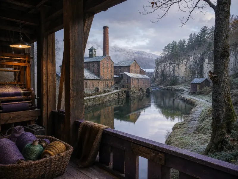 A view from a wooden weaving workshop with yarn baskets overlooking an old brick mill and river in a frosty valley.