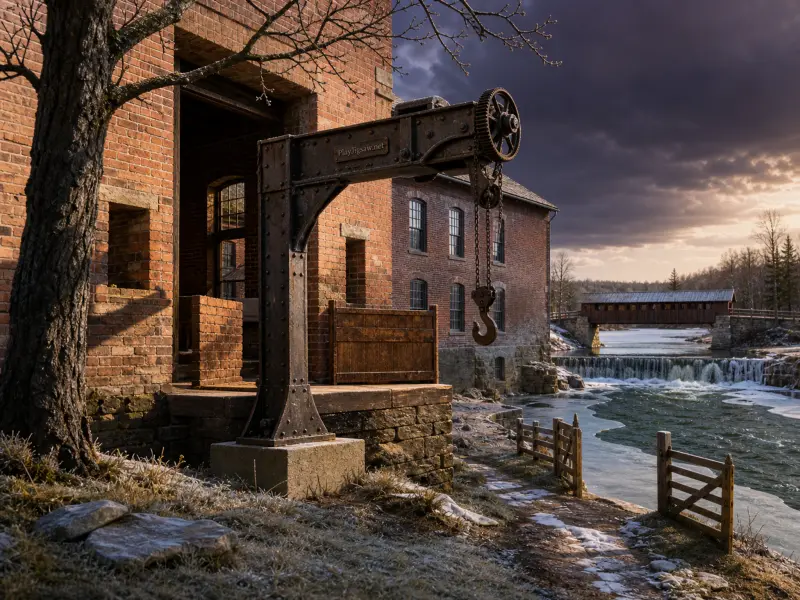 Old brick mill and iron crane along a frosty river with a distant covered bridge and small waterfall.