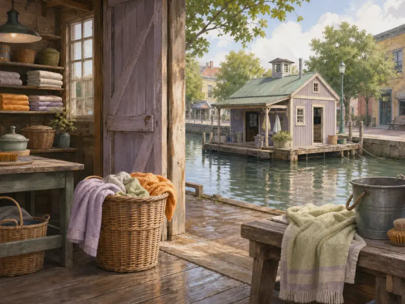View from an open wooden laundry shed looking out at a floating washhouse moored on a calm canal.