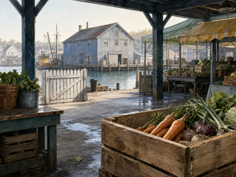 A wooden dockside market stall with crates of carrots and vegetables overlooking a harbor and blue warehouse.
