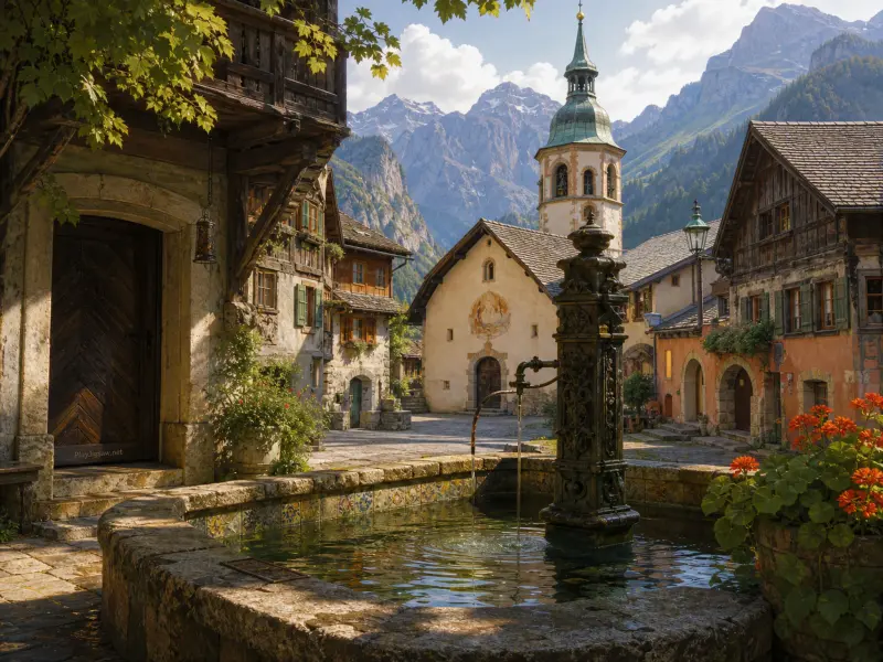 A stone fountain pool in an alpine village square surrounded by rustic chalets, a church tower, and tall mountains.