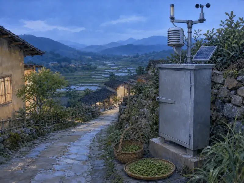 A cobblestone village path with a weather station and baskets of leaves overlooking distant terraced rice fields.