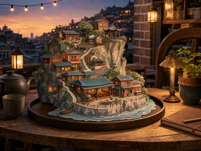 Papercraft miniature of a terraced cliffside village set on an outdoor wooden table at sunset beside a teapot and lamp.