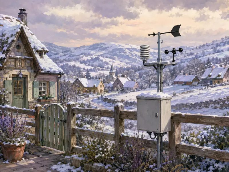 A weather station on a wooden fence overlooking a snow-covered mountain village and a cozy stone cottage.