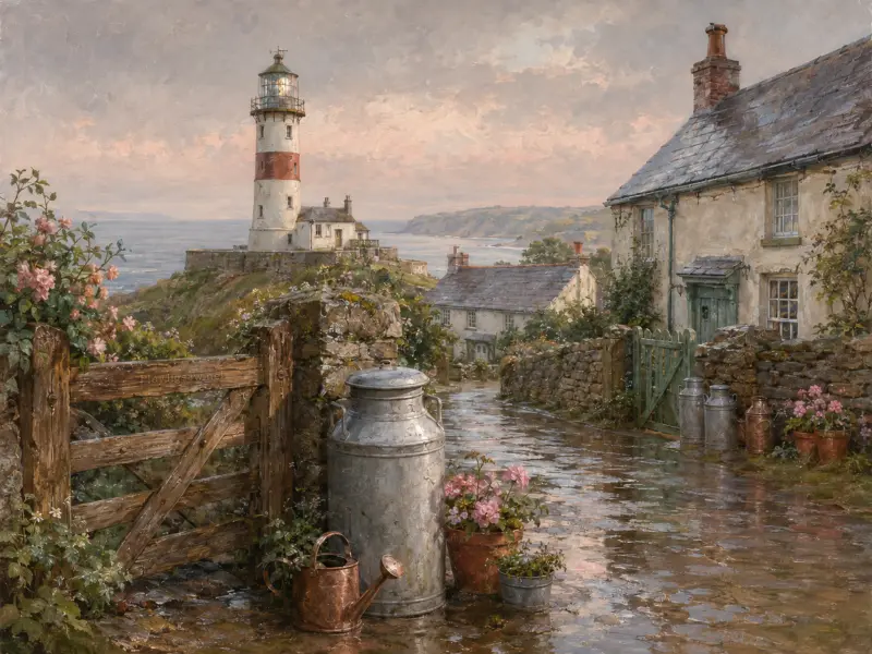 A wet cobblestone village path with rustic milk cans and flowerpots looking out toward a coastal lighthouse.