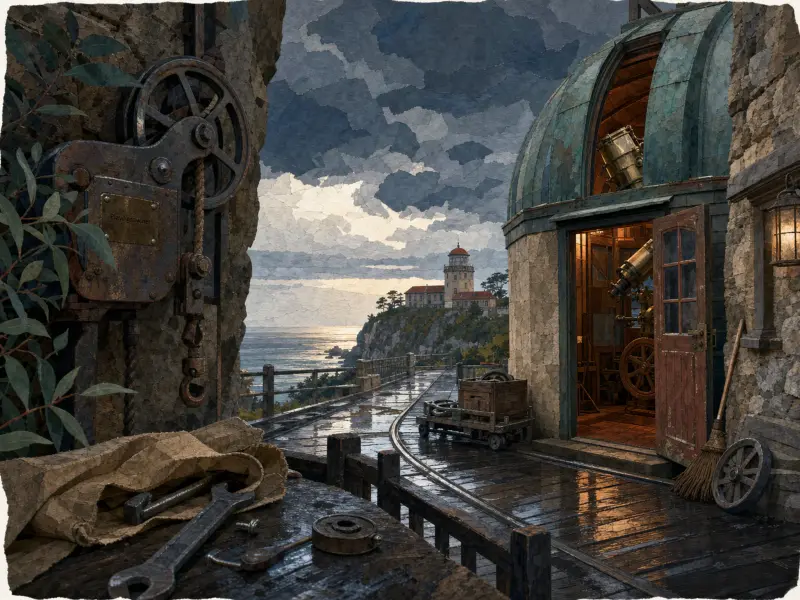 A cliffside stone observatory with an open copper dome overlooks a wet tram track, the sea, and a distant lighthouse.