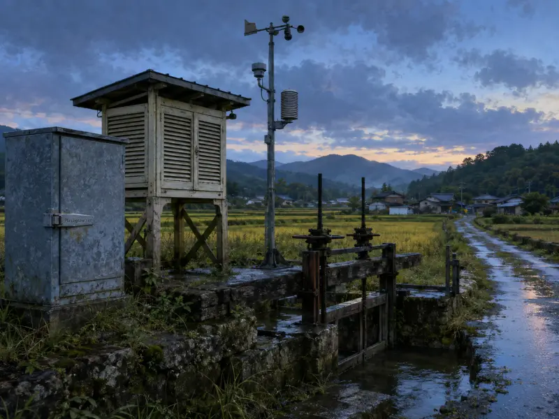 Weather station and irrigation sluice gate beside a stone canal running through rural fields at twilight.