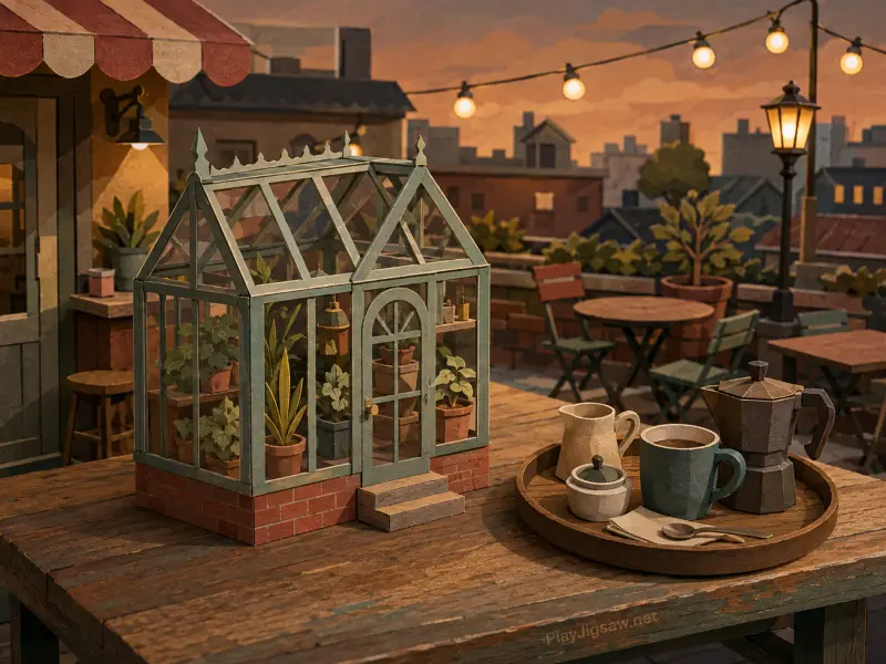 A miniature greenhouse model and a coffee set on a rustic wooden table upon a city rooftop terrace at dusk.