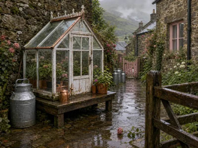 A small glass greenhouse on a wooden bench along a rainy cobblestone village alley with misty hills behind.