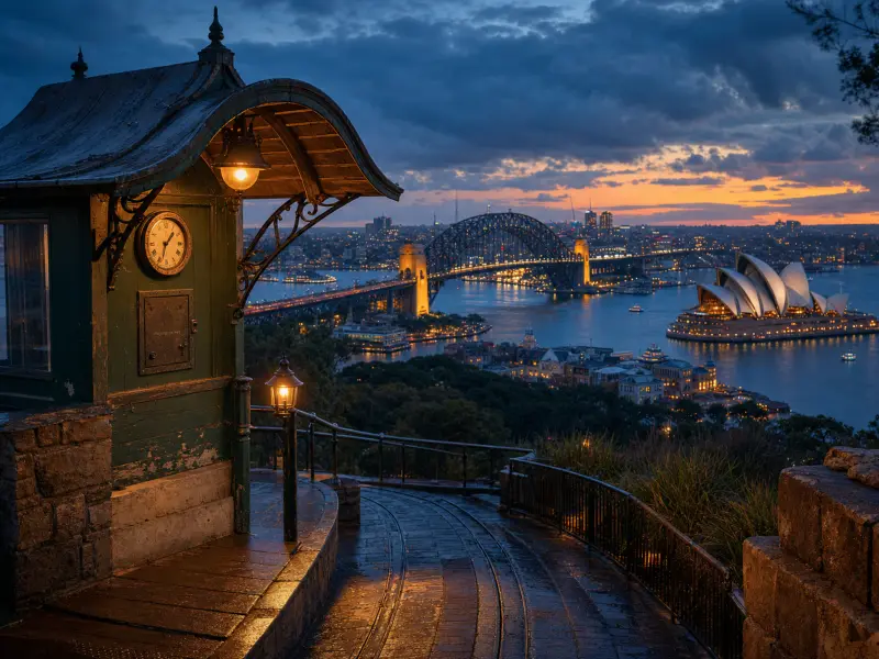 Vintage tram shelter on a hillside overlooking an illuminated Sydney Harbour Bridge and Opera House at dusk.