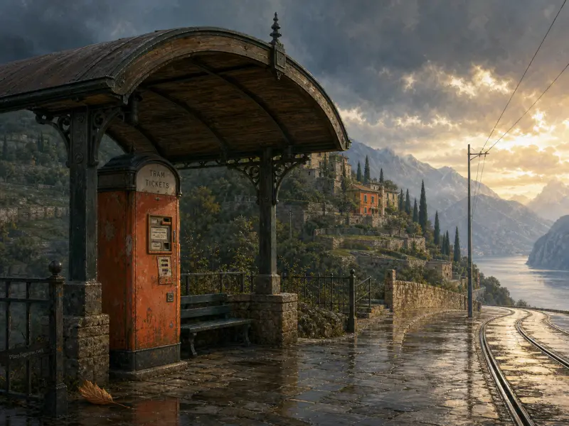 A rustic wooden tram shelter and vintage ticket machine stand on a wet hillside terrace overlooking a mountain lake.