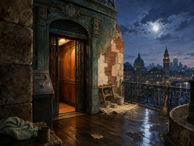Open vintage elevator on a wet rooftop deck overlooking an illuminated city skyline and river under a full moon.