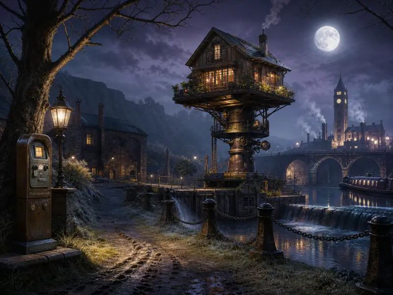 A cozy cottage perched atop a mechanical pillar beside a moonlit canal weir and distant clock tower.