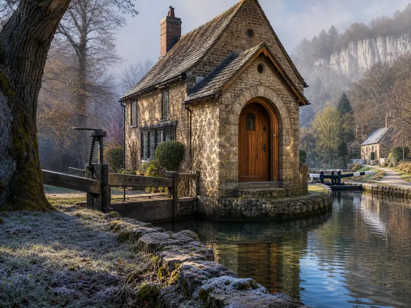 A small stone cottage stands beside a canal lock with wooden gates under misty wooded cliffs.