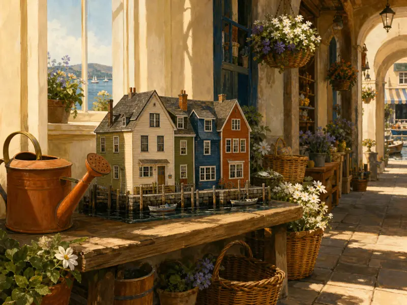 A miniature model of colorful harbor houses on a sunlit wooden bench surrounded by flower baskets and a watering can.