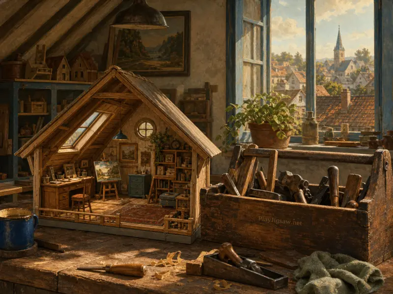A miniature wooden attic studio sits on a sunlit carpenter workbench next to an old toolbox overlooking a village window.