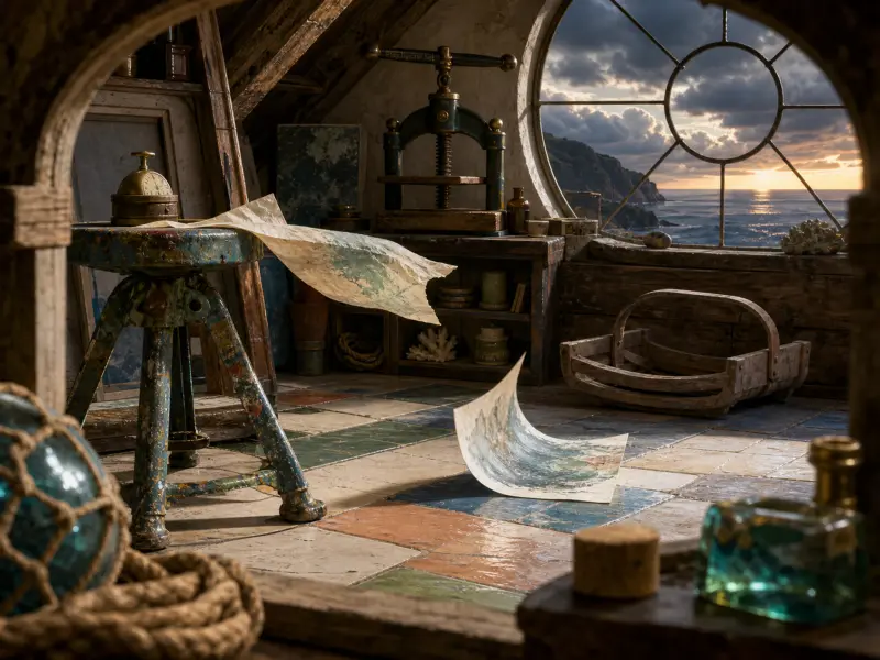 Rustic coastal artist attic with an antique printing press and a round window looking out over the ocean at sunset.