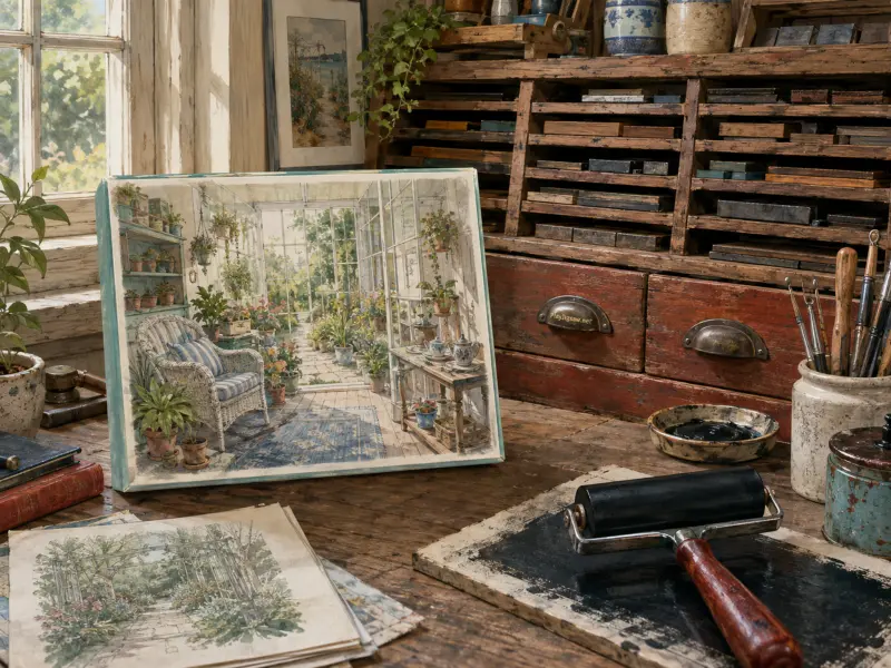 Rustic printmaker workbench featuring an ink roller, tools, and a painting of a sunlit greenhouse.