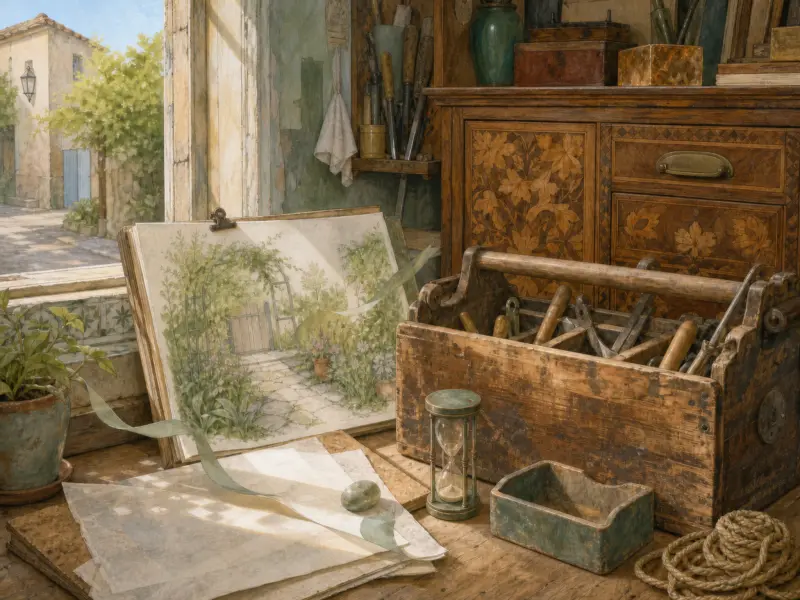 Sunlit workbench with a botanical garden sketch, wooden toolbox, and an open window showing a village street.