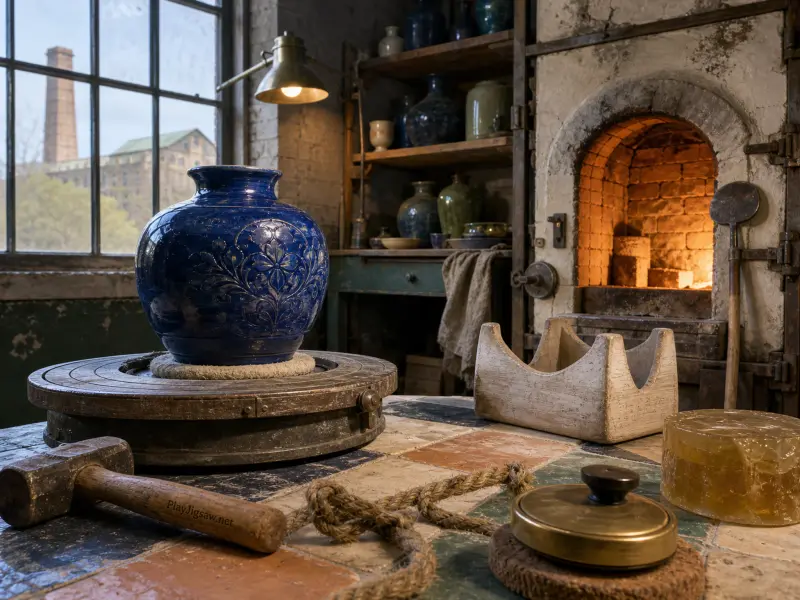 A carved blue pottery jar on a wooden turntable next to a glowing brick kiln in a potter's workshop.