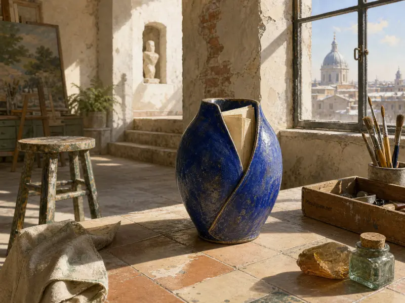 A deep blue ceramic vase holding papers sits on a tiled table in a sunlit studio overlooking a city dome.
