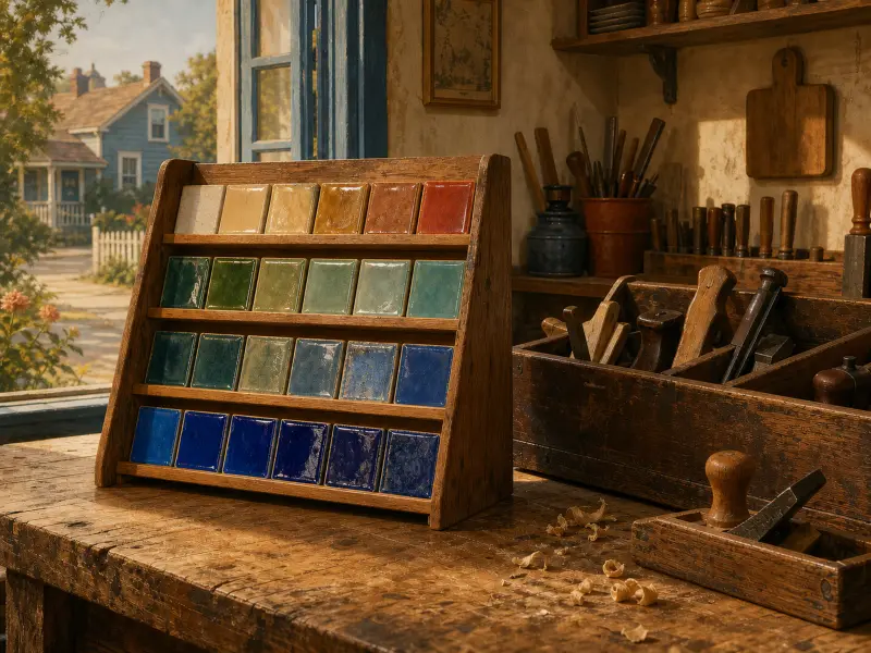 A wooden rack of colorful glazed ceramic tiles sits on a rustic workbench with vintage woodworking tools.