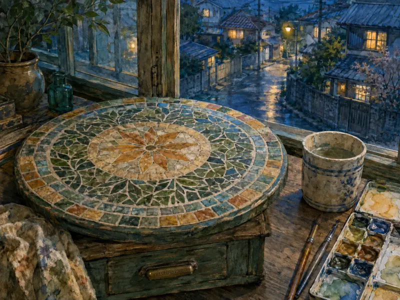 A round botanical mosaic tabletop rests on a studio desk beside paintbrushes, overlooking a rainy village at dusk.