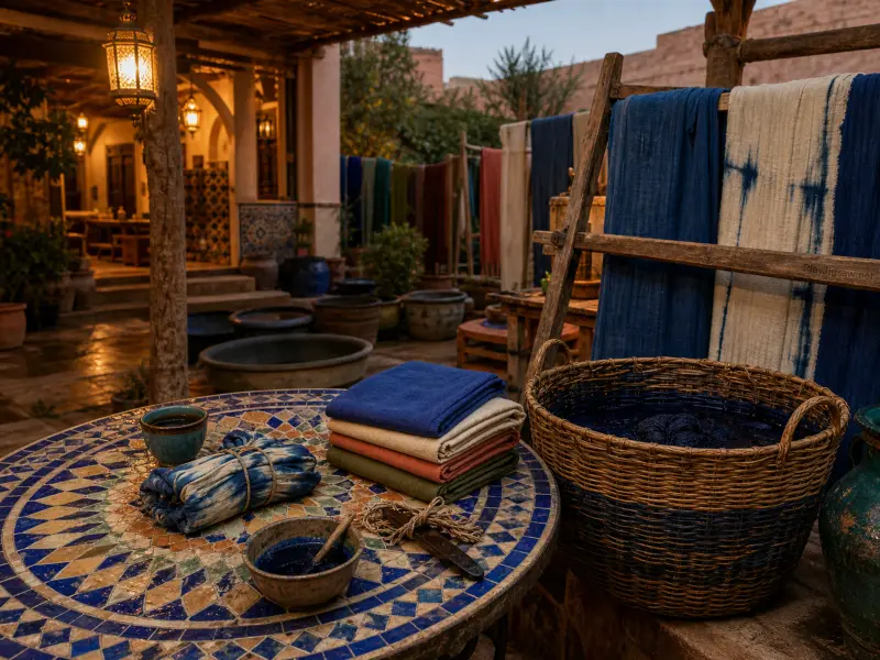 A round mosaic table with folded fabrics and dye bowls next to a woven basket and drying cloth in an open courtyard.