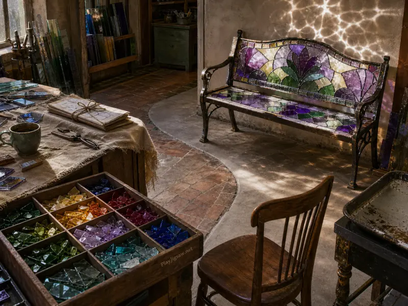 A stained glass workshop with a colorful mosaic bench, a wooden chair, and a sorting tray of vibrant glass pieces.