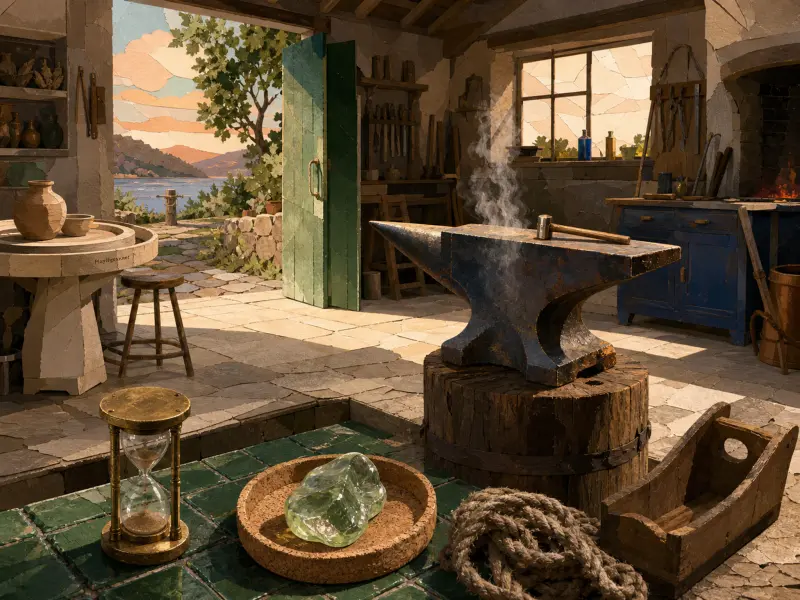 A sunlit stone blacksmith workshop with a smoking anvil on a tree stump, looking out to a coastal bay.