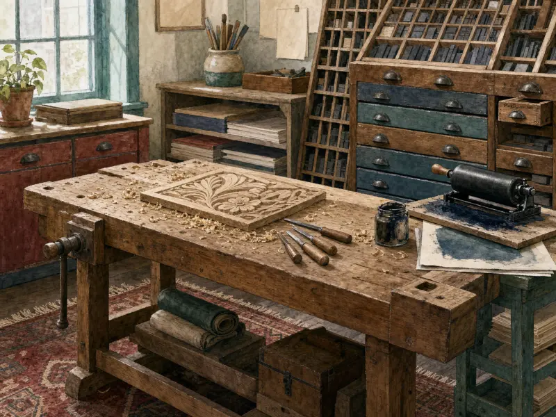 A wooden workbench with an ornate carved floral block, gouges, and an ink roller in a rustic printmaker workshop.