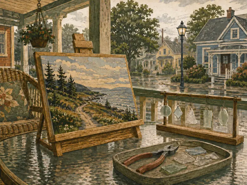 A tabletop easel displaying a coastal landscape painting beside glass crafting tools on a rain-soaked porch table.