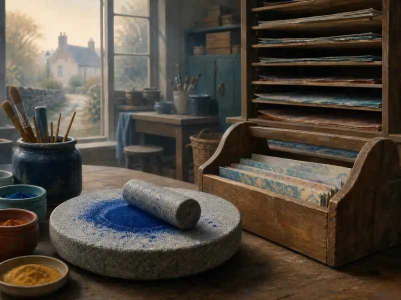 A round stone grinding slab dusted with blue pigment sits on a wooden workshop table beside brushes and marbled papers.