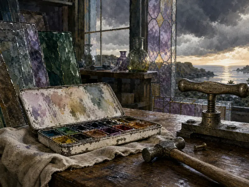 An open tin of watercolors, a hammer, and a screw press on a workbench before a window overlooking a stormy coast.