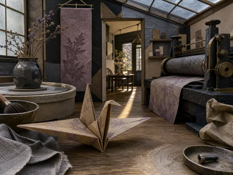 An origami crane with leaf patterns rests on a wooden floor in front of an old-fashioned printing press.