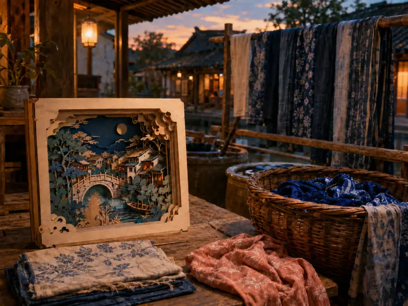 A layered paper shadow box of a canal town sits on a wooden table beside dyed textiles and a wicker basket at dusk.