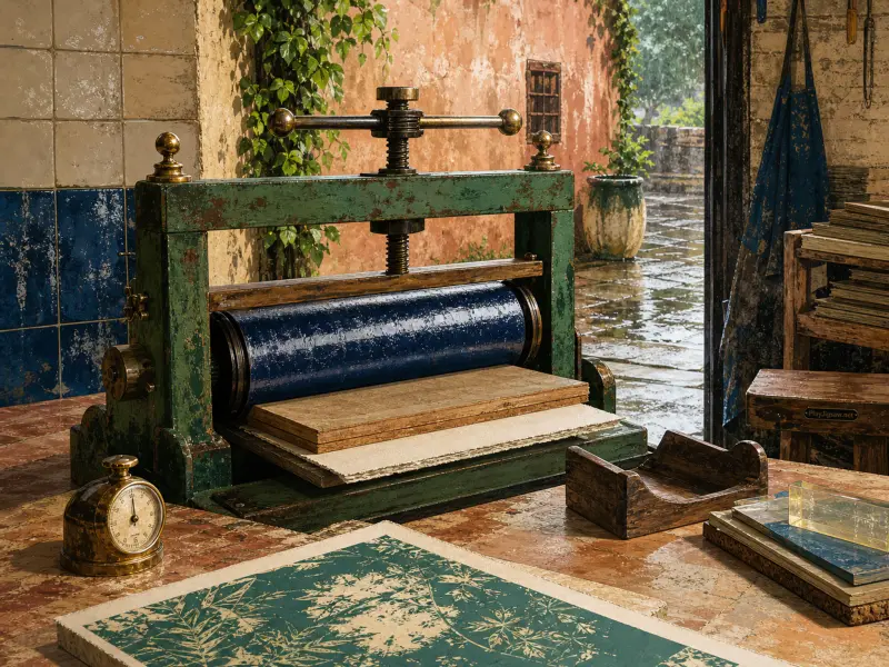 A heavy vintage printing press on a studio workbench overlooking a wet outdoor courtyard through an open doorway.