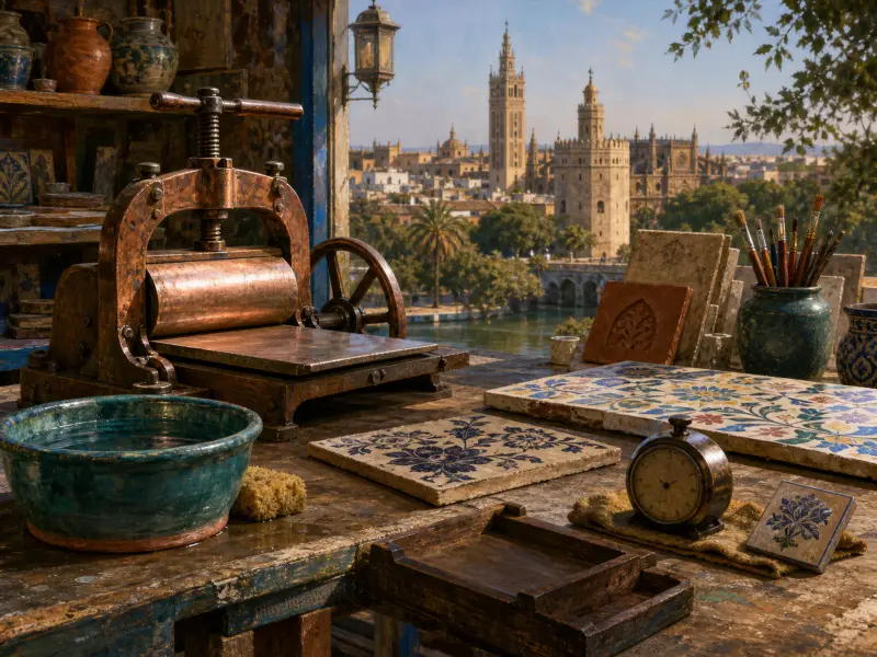 A copper printing press, painted tiles, and pottery tools on a workshop table overlooking the Seville skyline.