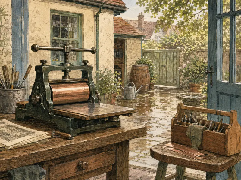 An etching press on a wooden workbench inside a rustic workshop overlooking a wet stone courtyard and garden.