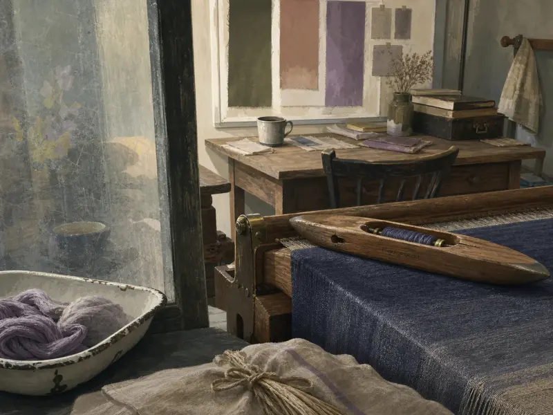 A wooden weaving shuttle sits on a dark blue textile in a rustic workshop beside a bowl of lilac yarn.