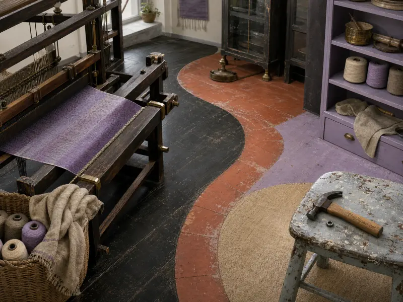 A dark wood weaving loom with a purple runner sits beside spools of yarn on a curving painted floor.