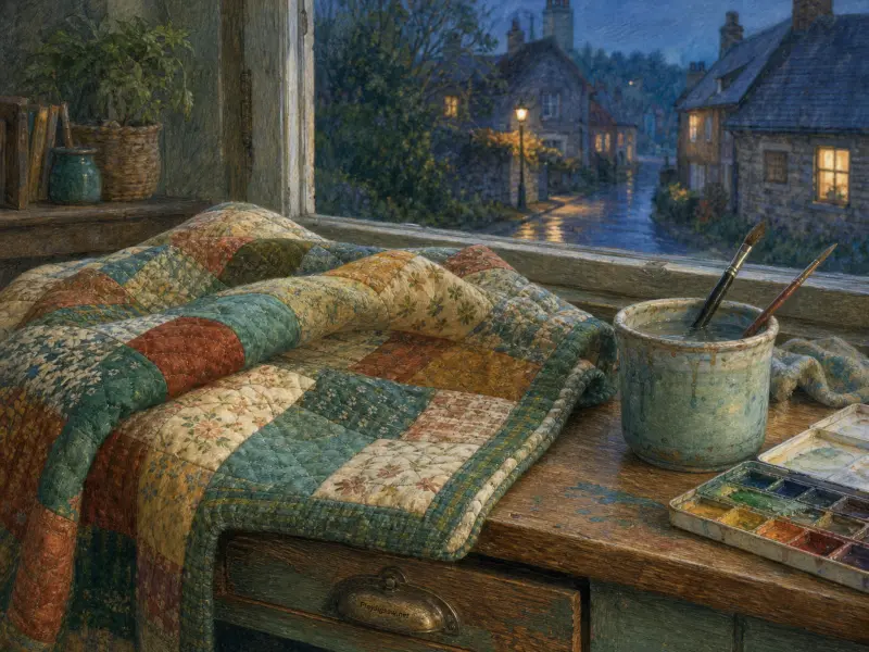 A patterned patchwork quilt and watercolor painting supplies rest on a wooden sill overlooking a wet village street.