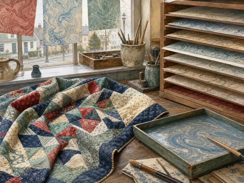 A patterned patchwork quilt lies on a wooden workbench next to a marbling bath tray and drying rack with marbled paper.