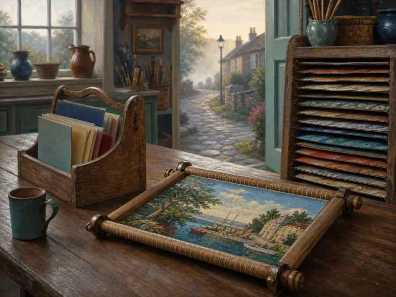 Needlepoint on a wooden scroll frame resting on a studio workbench looking out toward an open cobblestone lane.