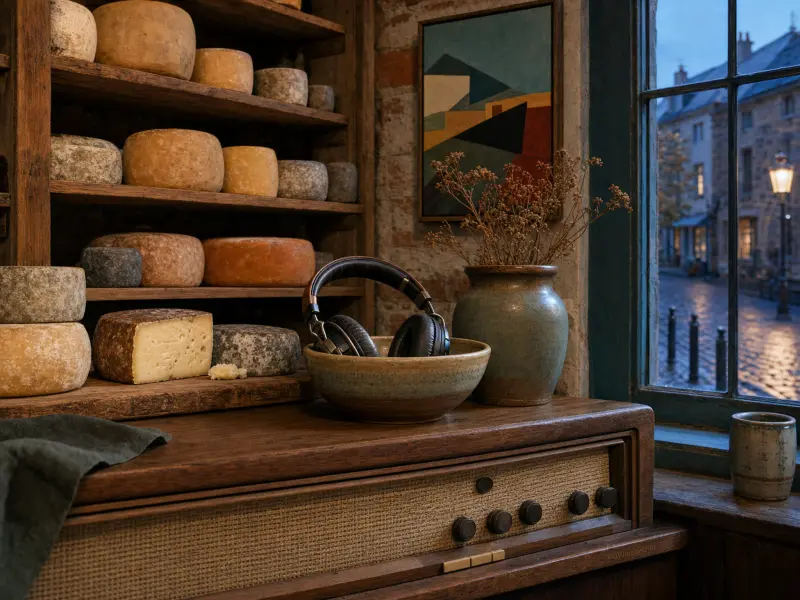 Shelves of aging cheese wheels beside a vintage radio console and a rainy window overlooking wet cobblestone streets.