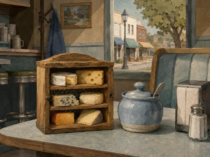 A miniature wooden cheese cabinet and blue ceramic pot on a diner table next to a window overlooking a street.