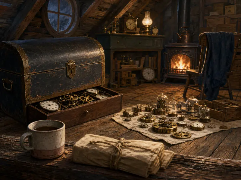 Antique chest and brass clockwork gears laid out on an attic floor warmed by a crackling cast-iron stove.
