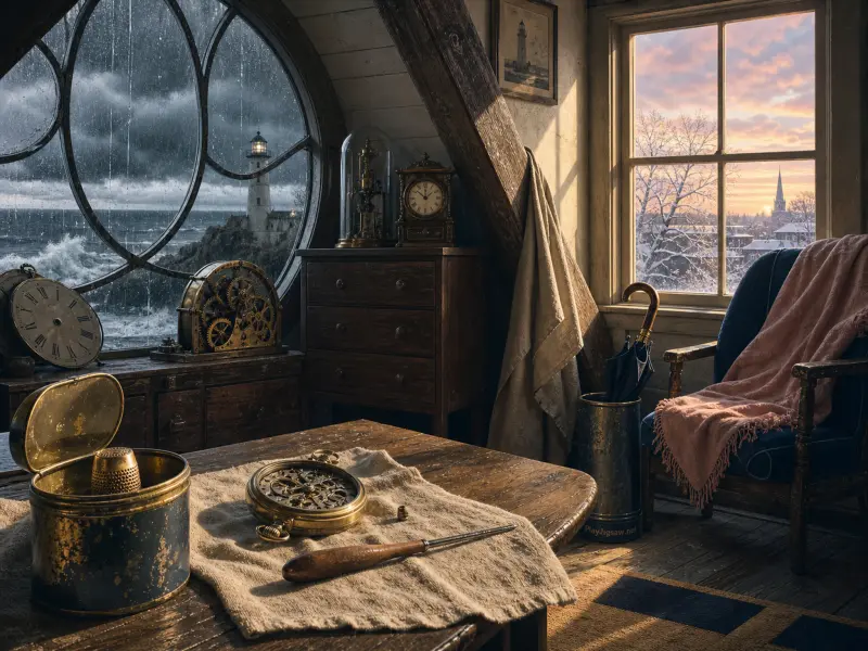 A cozy attic clockmaker workshop with windows showing a stormy lighthouse on one side and a snowy sunset on the other.
