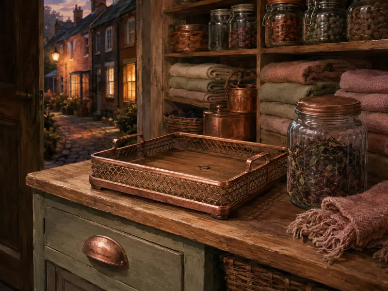 A copper lattice tray and herb jars on a rustic counter with an open door showing a cobblestone street at dusk.
