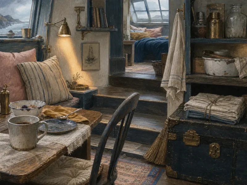 A cozy coastal loft with a rustic breakfast table set with coffee, glowing brass lamp, and steps to a bedroom.